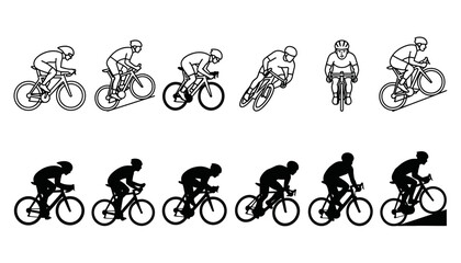 Naklejka premium Road Cycling Athlete Icons Set with Sprint, Climbing, Endurance and Racing Bicycle Poses 