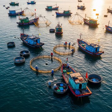 Sunrise at Sea: Fishermen Tending Nets on Traditional Boats