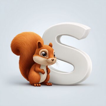 Cute Squirrel Next to Giant Letter S Character Illustration White Background