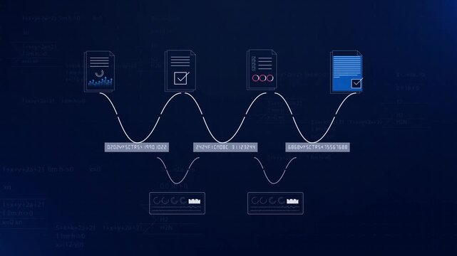 Digital document icons connected by glowing sine wave lines on dark blue grid background with mathematical formulas for automated business workflow and financial audit concept.
