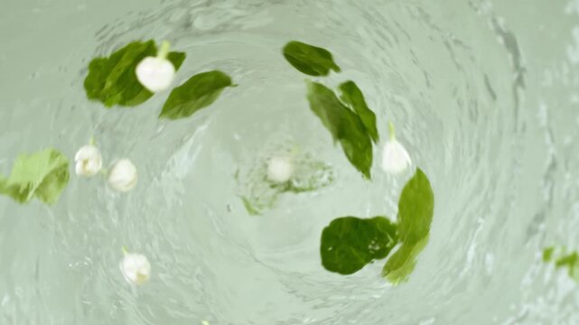 Top view macro video of fresh white jasmine flower buds and green leaves falling into swirling clear water vortex, organic botanical extract and tea processing background for commercial advertising