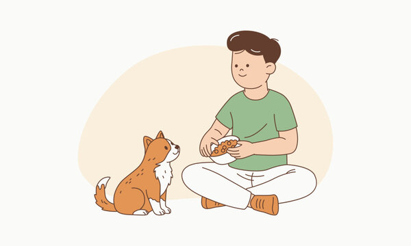 Boy Sharing Food with Pet Dog Demonstrating Kindness Towards Animals Illustration