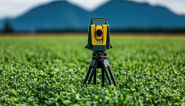 Precision surveying instrument set up on tripod in a lush green field