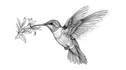 Vintage style engraving illustration of a hummingbird collecting nectar from a flower. © Mehedi