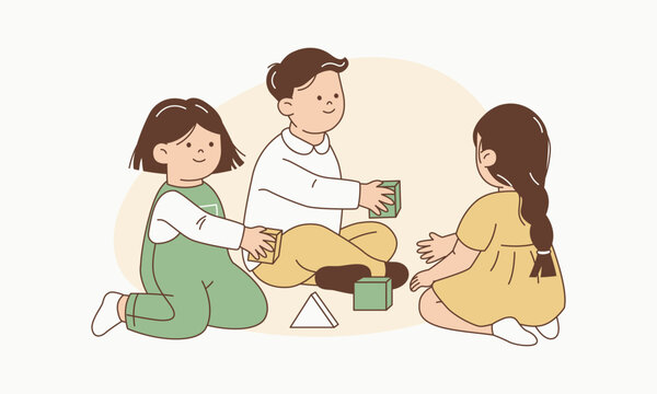 Children Happily Sharing Toys and Building Blocks as Positive Example of Generosity Vector