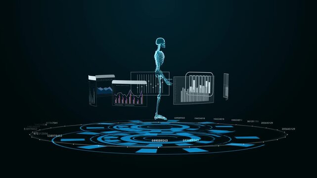 Glowing blue 3D human skeleton model standing on interactive HUD hologram stage with data charts in dark cyber space for advanced medical scan concept.