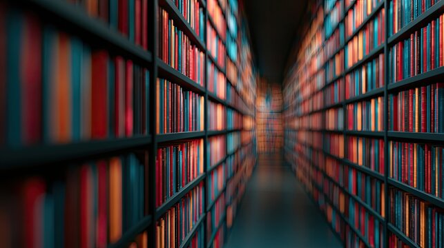 Vast library aisle with rows of colorful books receding into dim light