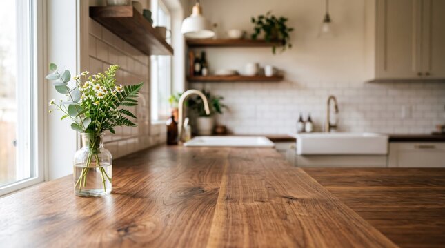 Modern kitchen interior with wooden countertop, vase of wildflowers by window, white subway tile backsplash, open shelving and farmhouse sink in, cozy home decor