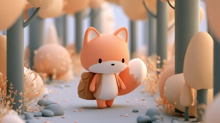 Fototapeta premium A cute fox character with a backpack walks along a forest path covered with tiny leaves under a muted pastel sky in autumn.