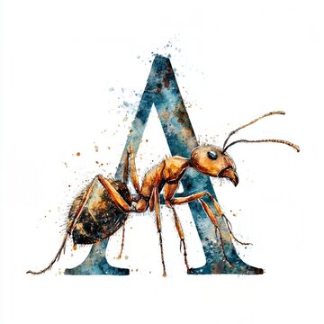 Watercolor Ant Illustration on Letter A with Splatter Effect