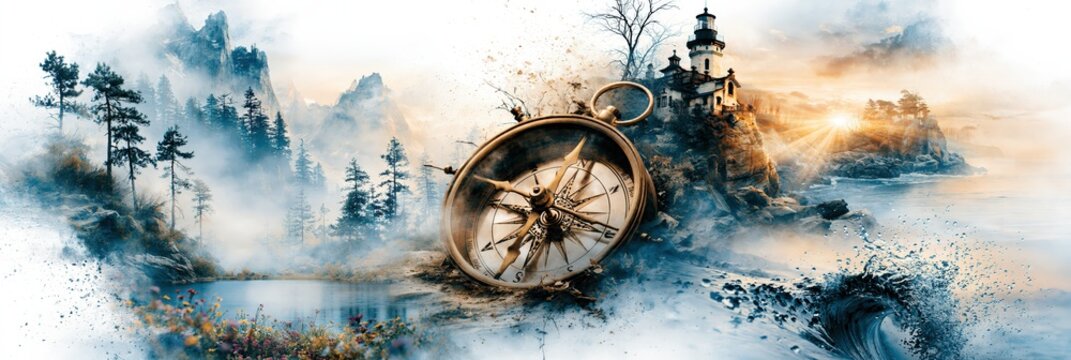 Golden compass guiding through misty forest and ocean lighthouse, representing journey, discovery, and pathfinding