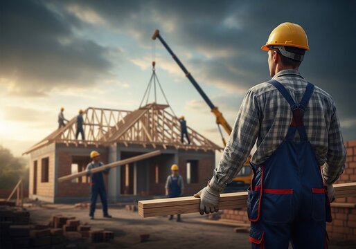 Builders erect a home as the sun sets, dramatic skies overhead, a powerful scene of creation.