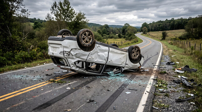 Rollover car accident on rural highway, white SUV flipped upside down after vehicle crash, smashed automobile on asphalt road with debris