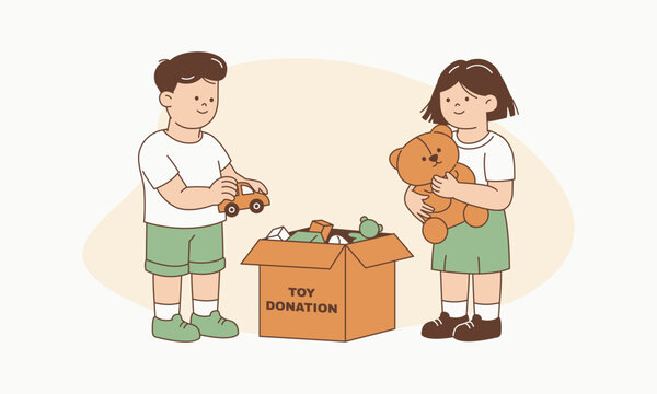Children Donating Unused Toys to Charity Box to Teach Generosity to Wider Community Vector
