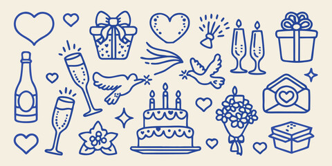 Romance Celebration Elements Line Illustration Of Hearts Cakes And Champagne © Ruhidas