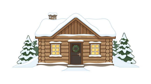 Cozy rustic log cabin with snowcovered roof and surrounding pine trees in winter scene
