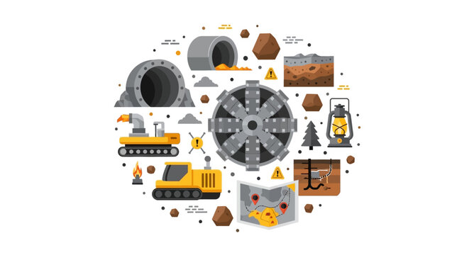 Mining and Tunneling Construction Flat Vector Illustration Set featuring Tunnel Boring Machine, Excavators, and Industrial Infrastructure Icons