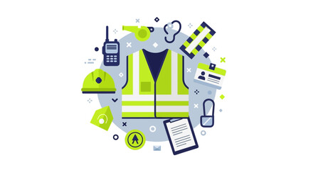 Fototapeta premium Occupational Health and Safety (OHS) Flat Vector Illustration with Personal Protective Equipment (PPE) Icons Including High-Visibility Vest, Hard Hat, and Industrial Gear
