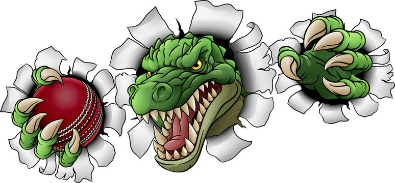 A crocodile, dinosaur or alligator lizard sports mascot holding a cricket ball