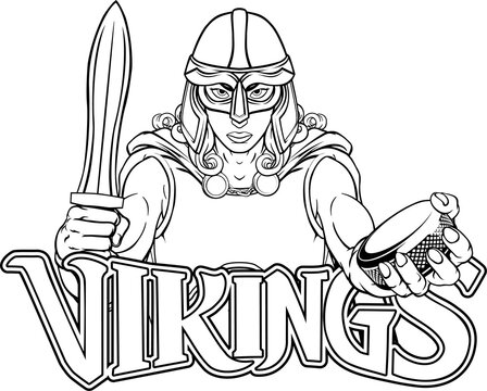 A female viking woman ice hockey sports team cartoon mascot