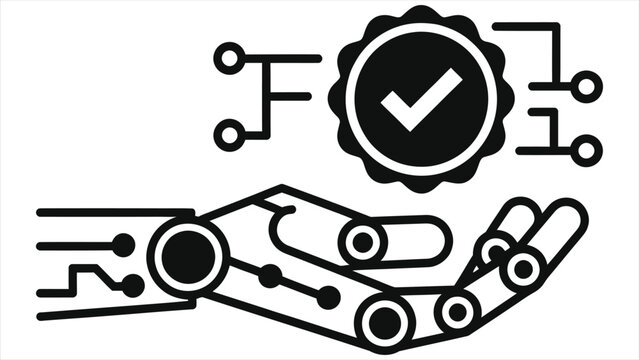 Robotic Hand Presenting Verified AI Recommendation Engine Icon, Artificial Intelligence Quality Control and Automated Recommendation System Vector Illustration