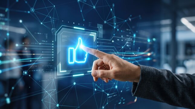 Human hand touching glowing blue like button on futuristic holographic interface, social media approval and user feedback with digital network connections in abstract technology