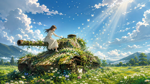 Abandoned tank overgrown with vines and wildflowers in a vast meadow, nature reclaiming a war machine, 蔦と野花に覆われた廃戦車と広大な草原 自然が兵器を取り戻す