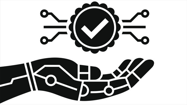 Robotic hand presenting AI recommendation engine icon with check mark badge and circuit board lines representing artificial intelligence quality control and automated technology approval.
