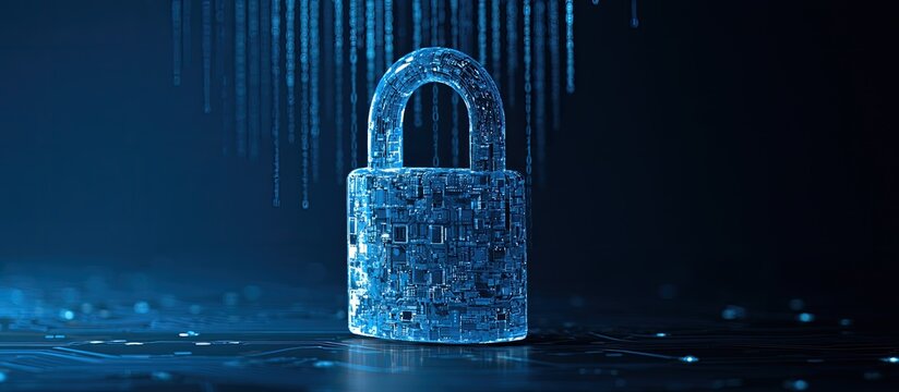 A glowing blue digital padlock symbolizes protection amidst falling binary code