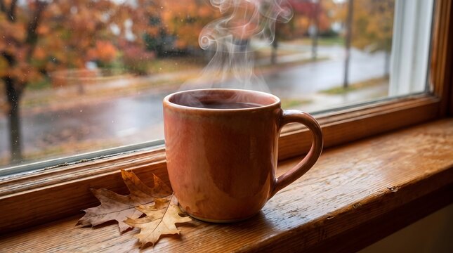 Steaming mug of hot tea on a wooden windowsill with autumn leaves. Cozy fall morning concept looking out at a rainy street with vibrant seasonal foliage. Warm hygge lifestyle background