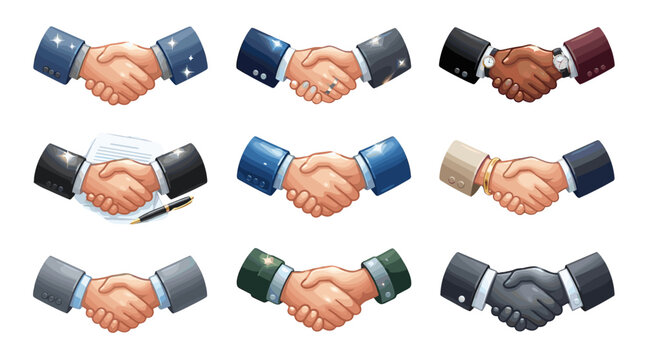 Collection of diverse handshake illustrations representing agreement cooperation and partnership