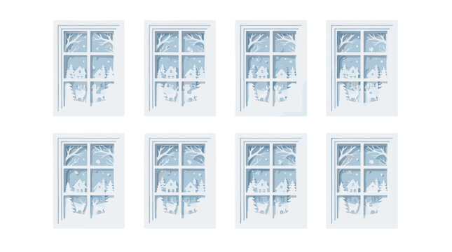 Multiple frosted glass windows with snowcovered panes in a winter scene