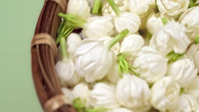 Macro video of fresh white jasmine flower buds in bamboo basket transitioning into swirling water vortex with green leaves, organic botanical extract and jasmine tea processing background
