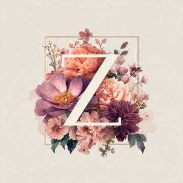 Bohemian Floral Initial Z Letter Monogram Watercolor Art Design Element