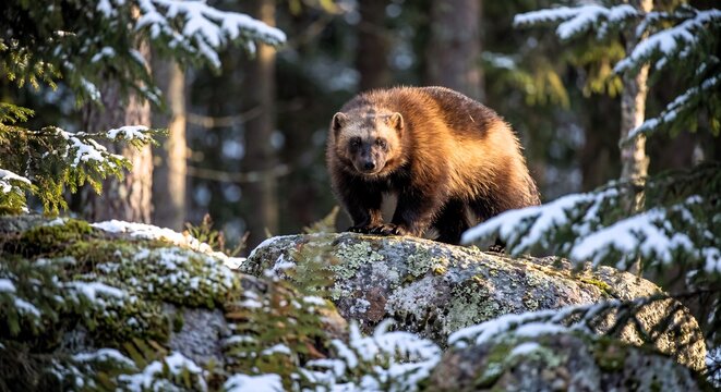 Wolverine standing on rock in winter forest habitat