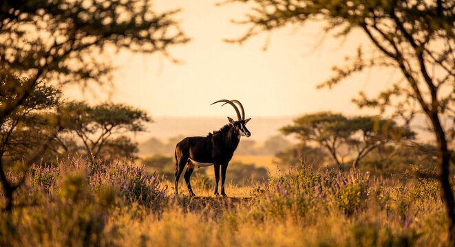 Sable Antelope Hippotragus Niger Savanna Africa Sunset