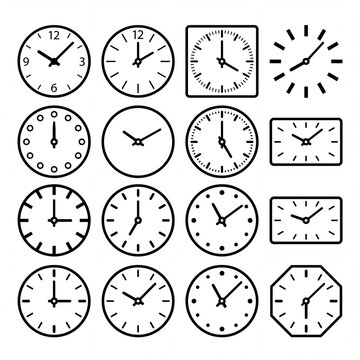 Set of diverse clock face icons minimalist line art vector design elements for time management apps and web interfaces