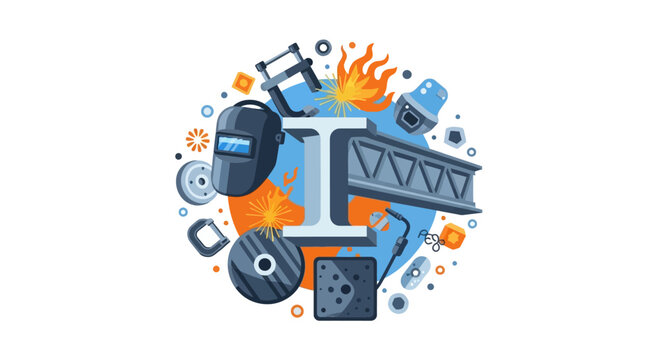 Industrial Welding and Metal Fabrication Illustration Featuring Welding Mask, Steel I-Beam, Girders, and Professional Tools for Manufacturing and Construction Concepts
