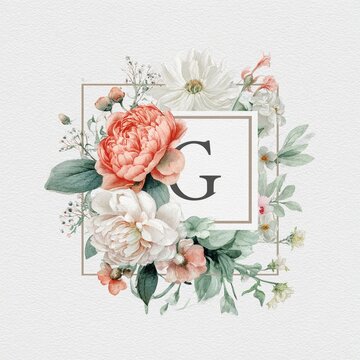 Watercolor Floral Initial G Monogram Wedding Invitation Botanical Design Lettering Art