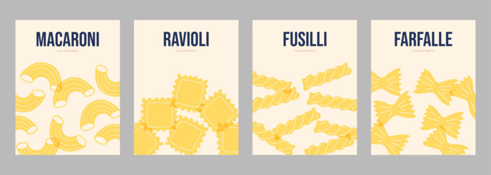 Italian pasta poster collection featuring macaroni, ravioli, fusilli and farfalle. Minimal overlapping food vector illustrations