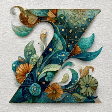 Ornate Teal and Gold Letter Z Floral Art Design Vintage Botanical Illustration