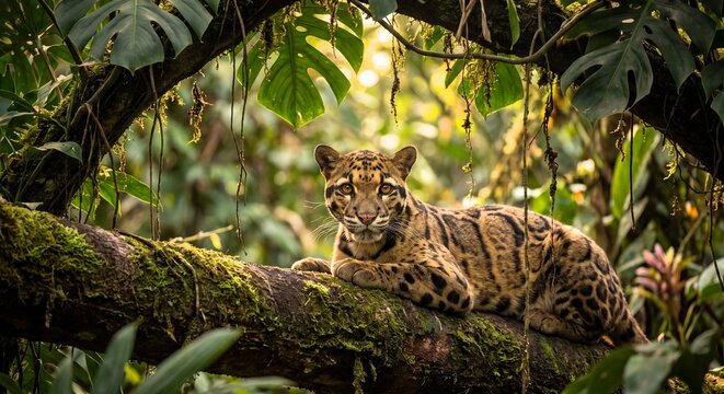 Clouded leopard on tree branch in tropical rainforest environment