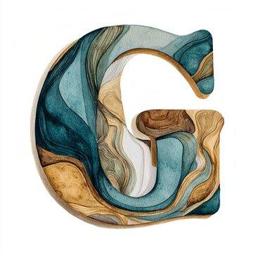 Abstract Watercolor Letter G Design Organic Flowing Teal Blue Earthy Brown Art