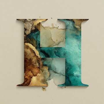 Abstract Letter H Texture Grunge Gold Marble Blue Watercolor Design Typography Element