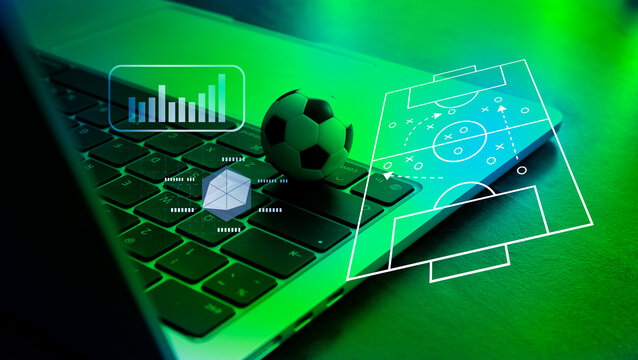 Digital technology in football and soccer team manager tactics analysis, online sport betting concept
