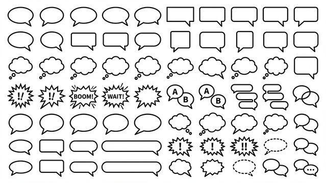Large set of diverse outline speech and thought bubbles minimalist vector elements for web design app interfaces and comic strips