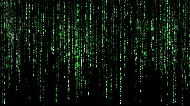 Cascading green digital rain against a dark, abstract background