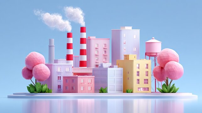 Stylized 3d industrial factory complex with pastel buildings, smokestacks, storage tanks and geometric trees on a light blue background.