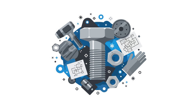 Engineering and Manufacturing Concept Illustration Featuring Industrial Bolt, Power Tools, and Technical Blueprints