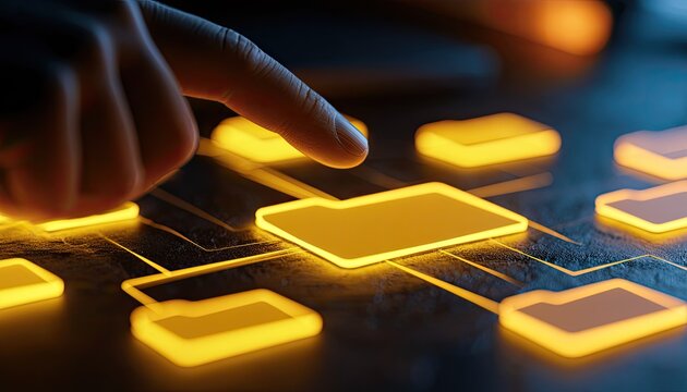 Finger interacts with glowing digital interface, connecting data folders